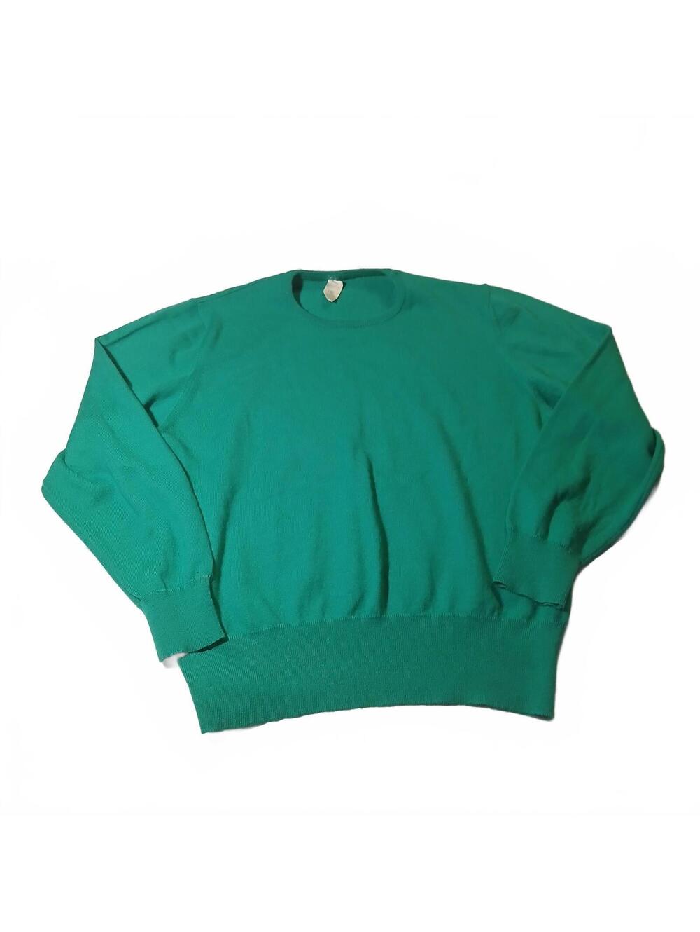 Vintage Wool Green Crewneck Knit Sweater Long Sleeve Banded Hem Pullover Casual